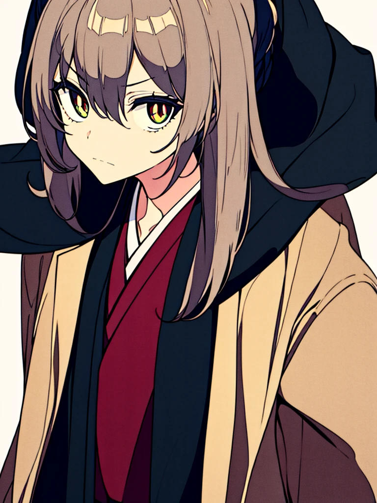 masterpiece, best quality,1 Girl,poker face,Black kimono,serious,coat,Gray hair,Red pupil,No Expression,独奏