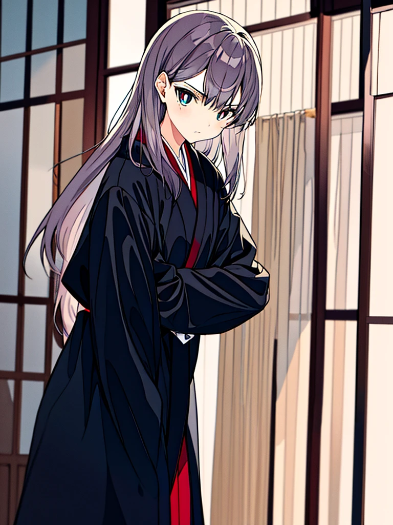 masterpiece, best quality,1 Girl,poker face,Black kimono,serious,coat,Gray hair,Red pupil,No Expression,独奏