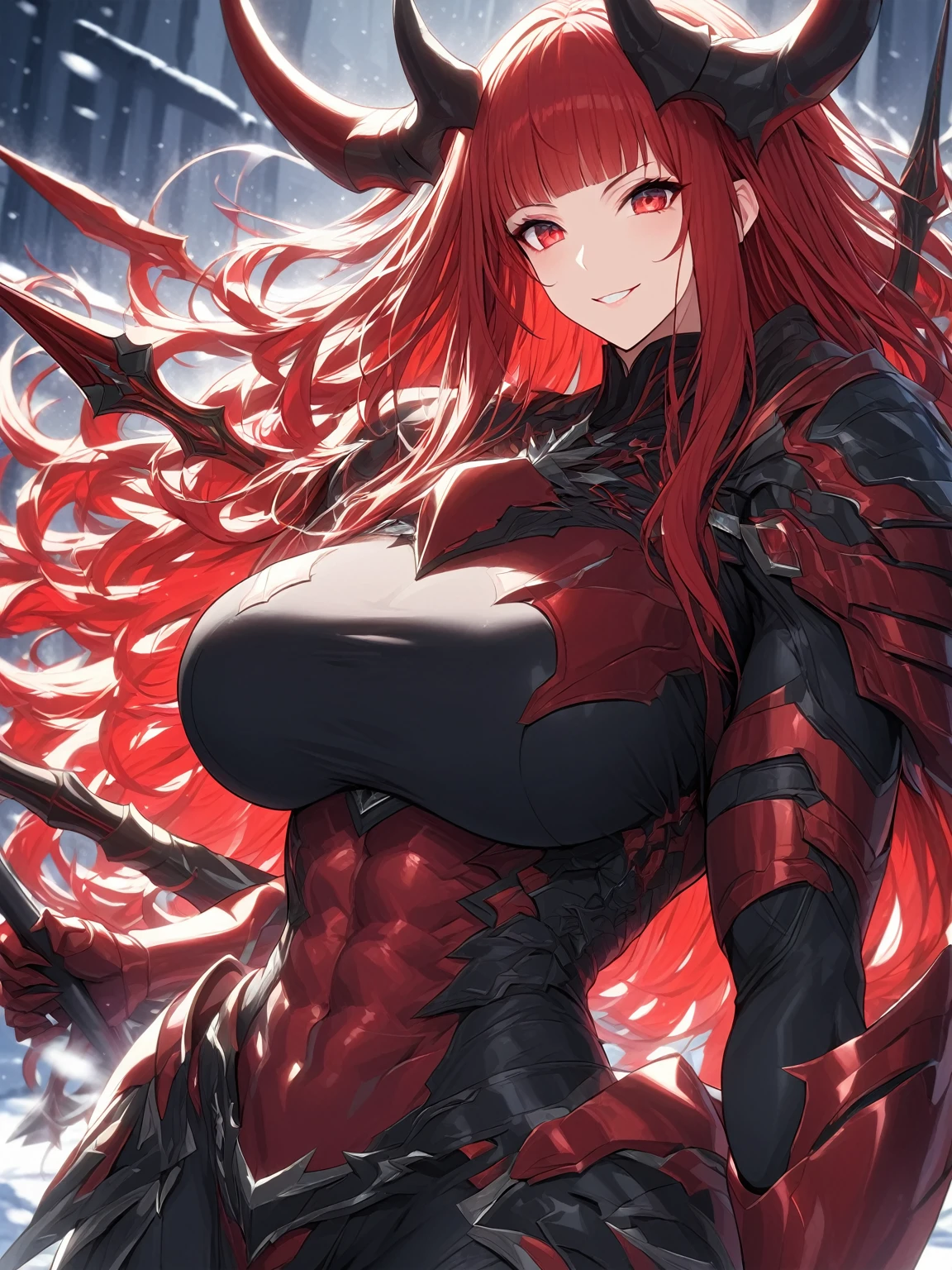 Masterpiece, very detailed, ultra detailed, one, (1 woman), athletic and embossed body, six pack abs, she is in futuristic red armor with bright black details, with a large and detailed spear, in a stable and fighting position, super mature, tall, mom, mature mother, long hair, straight hair and straight bangs, bright red hair, red demonic horns, beautiful, charming, blood red eyes, elegant, big breasts(huge), wise smile, charming, against the background of snow, ice and winter.