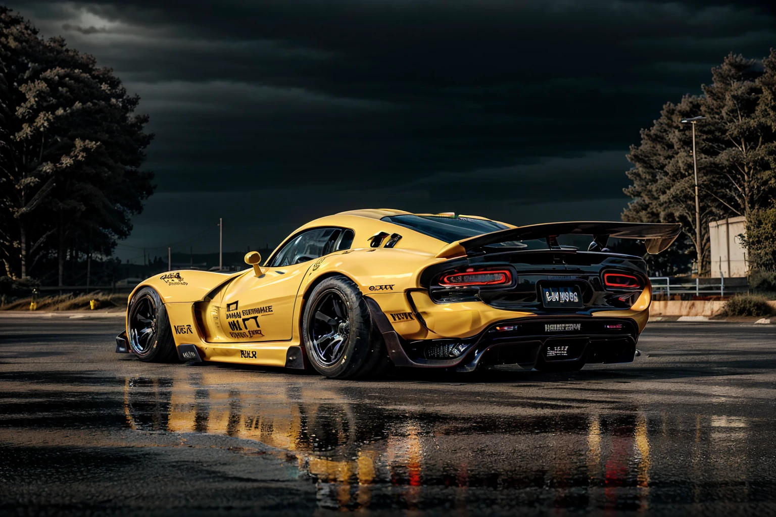 ((Dodge Viper GTS-R)), solo, ((JonSibal design works Body Kit)), ((rear wing spoiler)), blacked out, front bumper splitters, side skirts, flared wheel arches, ((ominous looking)), (yellow racing alloy rims), ((lowered racing suspension)), high performance racing tyres, outdoors((gloomy sunset)) Wide angle lens, cgsociety, artstation, cgi, photorealistic, cinematic lighting, offset noise, ground shadows and reflections, 4k, inspired by dystopian cyberpunk, HDR studio light, {{supreme aerodynamics for maximum downforce}}, 3ds max, corona renderer, perfectly coloured, jaw dropping, sensational, menacing look, headlights on, ((parked on a bridge)), 4k wallpaper, ((dusk scene)), sunset, high spec automotive concept art, reflective ground shadows, symmetrical design, CGI, moody and atmospheric, trending on artstation, behance contest winner, cgsociety, imaginative design and craftmanship, urban light night LUT, subsurface scattering, ray tracing, dramatic atmosphere