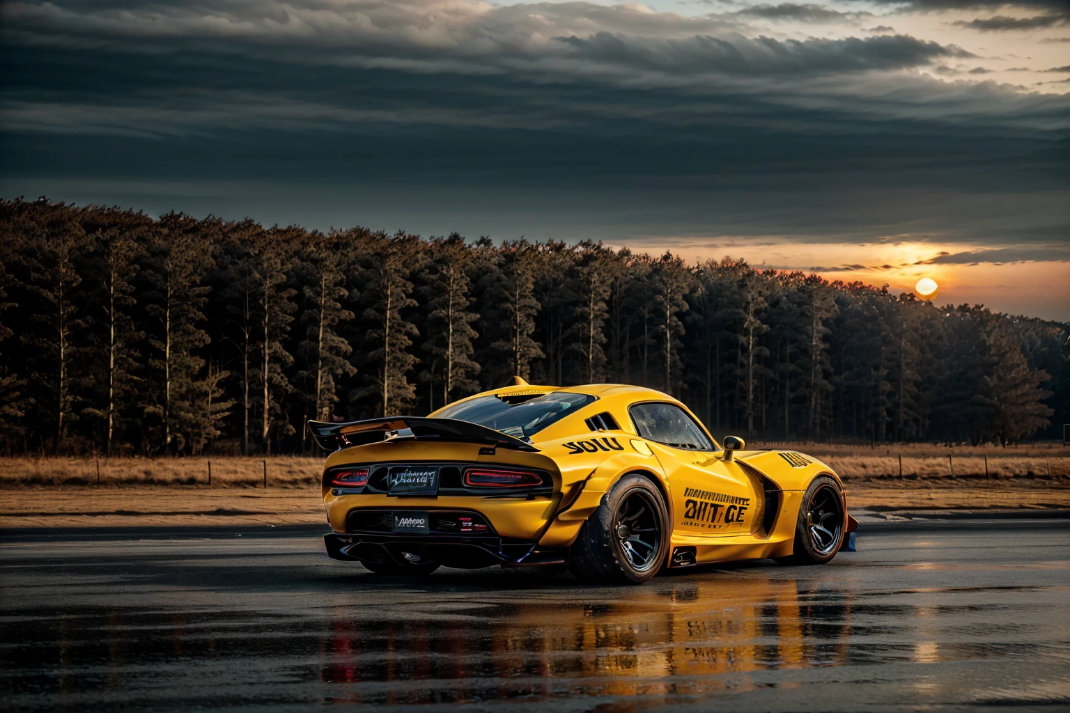 ((Dodge Viper GTS-R)), solo, ((JonSibal design works Body Kit)), ((rear wing spoiler)), blacked out, front bumper splitters, side skirts, flared wheel arches, ((ominous looking)), (yellow racing alloy rims), ((lowered racing suspension)), high performance racing tyres, outdoors((gloomy sunset)) Wide angle lens, cgsociety, artstation, cgi, photorealistic, cinematic lighting, offset noise, ground shadows and reflections, 4k, inspired by dystopian cyberpunk, HDR studio light, {{supreme aerodynamics for maximum downforce}}, 3ds max, corona renderer, perfectly coloured, jaw dropping, sensational, menacing look, headlights on, ((parked on a bridge)), 4k wallpaper, ((dusk scene)), sunset, high spec automotive concept art, reflective ground shadows, symmetrical design, CGI, moody and atmospheric, trending on artstation, behance contest winner, cgsociety, imaginative design and craftmanship, urban light night LUT, subsurface scattering, ray tracing, dramatic atmosphere