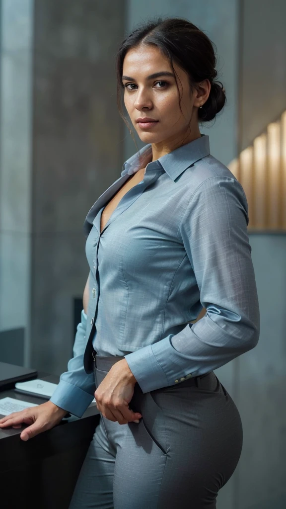 ((half body, authoritative)), Elegant Brazilian lawyer, ((dark hair in sleek updo)), (28 years old), confident, masterpiece, qualidade suprema, Ultra-detailed, alone, indoor, (((prestigious law firm lobby))), (((professional attire))), ((charcoal gray pantsuit)), (((crisp light blue shirt))), (discrete gold watch), holding legal tablet, Modern art on walls, marble reception desk, (Brazilian law books visible), (dynamic shadows), contrast, soft professional lighting, photorealistic style, (Eye contact with viewer: 1.3) ((flawless tan skin texture)) (film grain: 1.2), (cool tones, powerful ambiance: 1.3), medium shot, Accent lighting, subtle backlighting, ultra highres, best shadows, .....RAW, half body