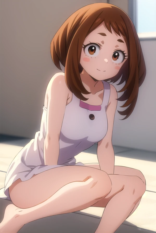 ochakouraraka, ochako uraraka, (uraraka ochako:1.5), (brown eyes:1.5), brown hair, short hair, blush, blush stickers, smile,
BREAK bare shoulders,white dress,white pajamas,bare shoulders,medium breasts,bare legs,cleavage,frilled dress,collarbone,bare foot,panorama,BREAK looking at viewer,BREAK (masterpiece:1.2), nsfw, best quality, high resolution, unity 8k wallpaper, (illustration:0.8), (beautiful detailed eyes:1.6), extremely detailed face, perfect lighting, extremely detailed CG, (perfect hands, perfect anatomy),laying down,