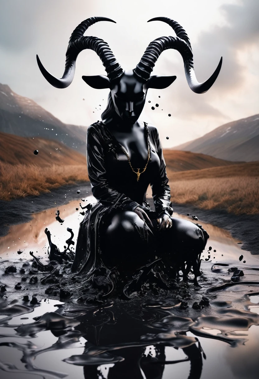 (Best Quality, masterpiece1.2), 1 girl, Alone, The second, cally3d, coming out of a black puddle, ink puddle, coming out of the puddle, half dipped in ink, (black body), (ink honey), horns, black horns, Sharp teeth, Devil&#39;s Tail, white bikini, Women, black eyes, (without students), White face, sexy, detailed, extreme detail, perfect lighting, 4k, Open mouth, ink black body, arms down