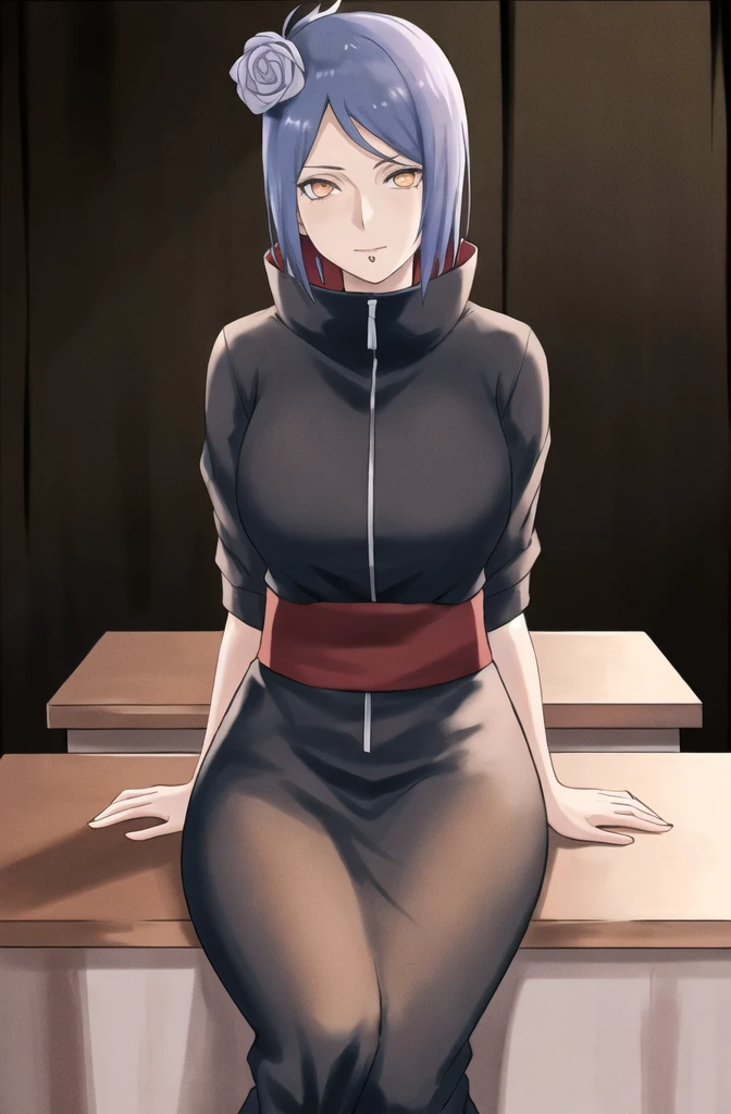 konan \(naruto\), solo, looking_at_viewer, 1girl, closed_mouth, akatsuki outfit, labret piercing, looking at the viewer, (((sitting on the table inside dark room))), night time, busty, large breasts