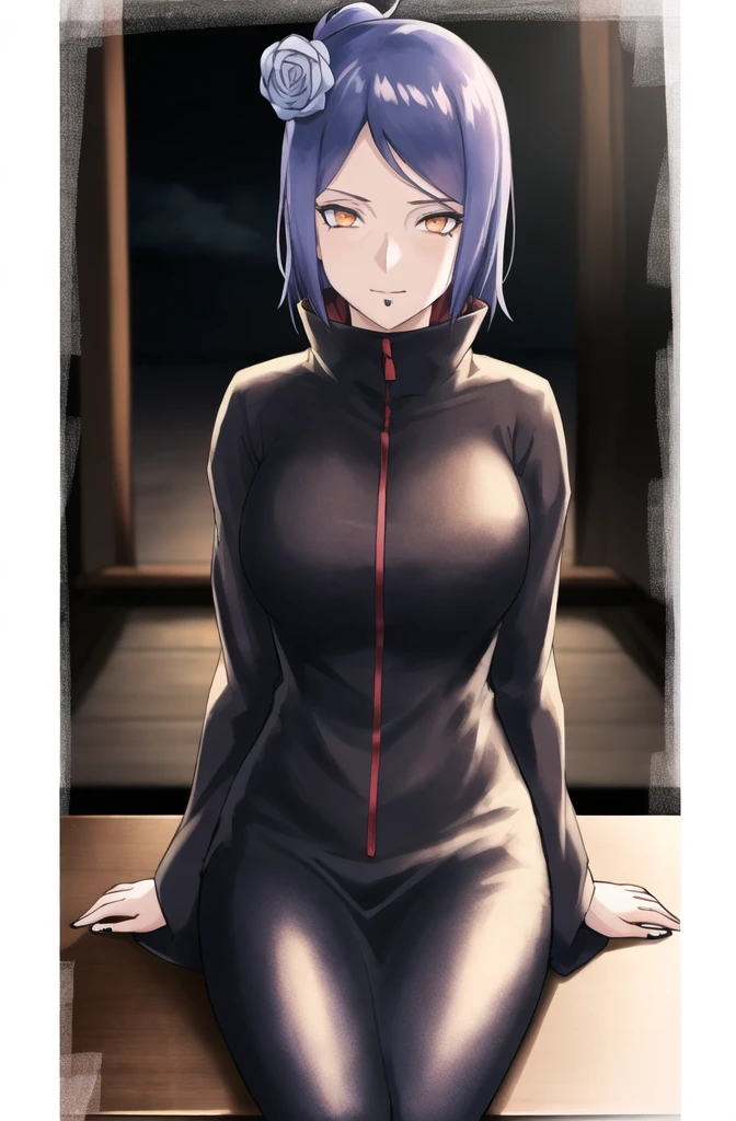 konan \(naruto\), solo, looking_at_viewer, 1girl, closed_mouth, akatsuki outfit, labret piercing, looking at the viewer, (((sitting on the table inside dark room))), night time, busty, large breasts