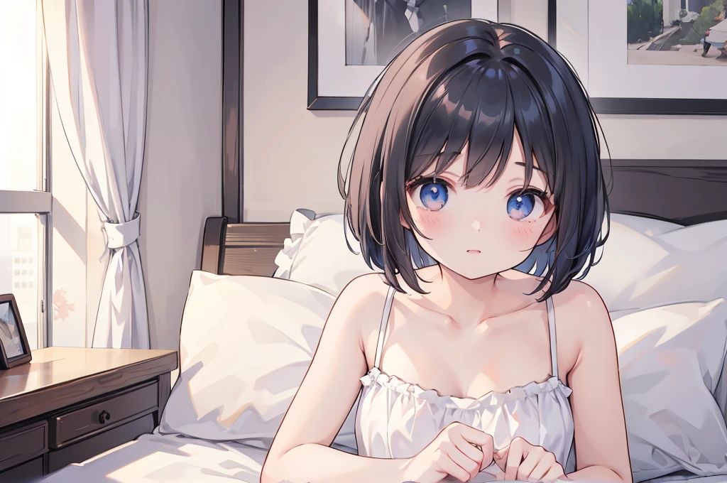 Photorealistic、Highest quality、Highest Resolution、Highest quality、8K、One beautiful woman、Bob Cut Hair、good morning、sleepy、In bed、Looks sleepy、