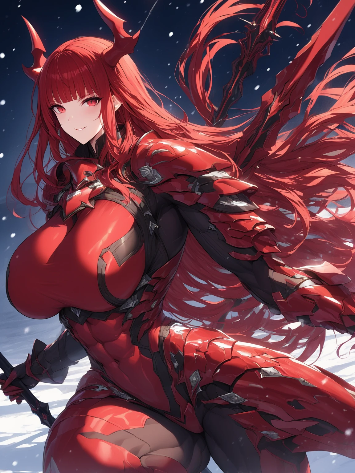 Masterpiece, very detailed, ultra detailed, one, (1 woman), athletic and embossed body, six pack abs, she is in futuristic red armor with bright black details, with a large and detailed spear, in a stable and fighting position, super mature, tall, mom, mature mother, long hair, straight hair and straight bangs, bright red hair, red demonic horns, beautiful, charming, blood red eyes, elegant, big breasts(huge), easy smile, charming, against the background of snow, ice and winter.
