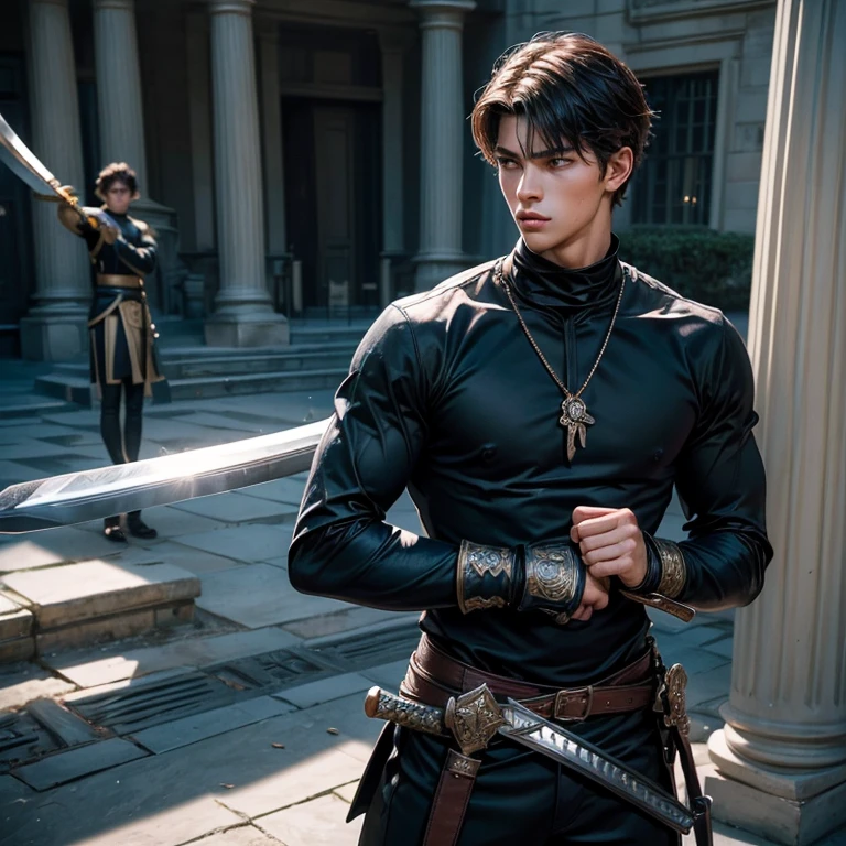 ((young man)), ((ultra realisitic)), ((picture-perfect)), ((face perfect)), ((ultra detaild)), ((fully body)), ((perfectbody))a student boy in , ((Secret identity)), ((swordsmanship)), holding a sword behind his back in a fighting pose, Stately, ferocious, Sauvage, handsome guy, using accessories, em um patio