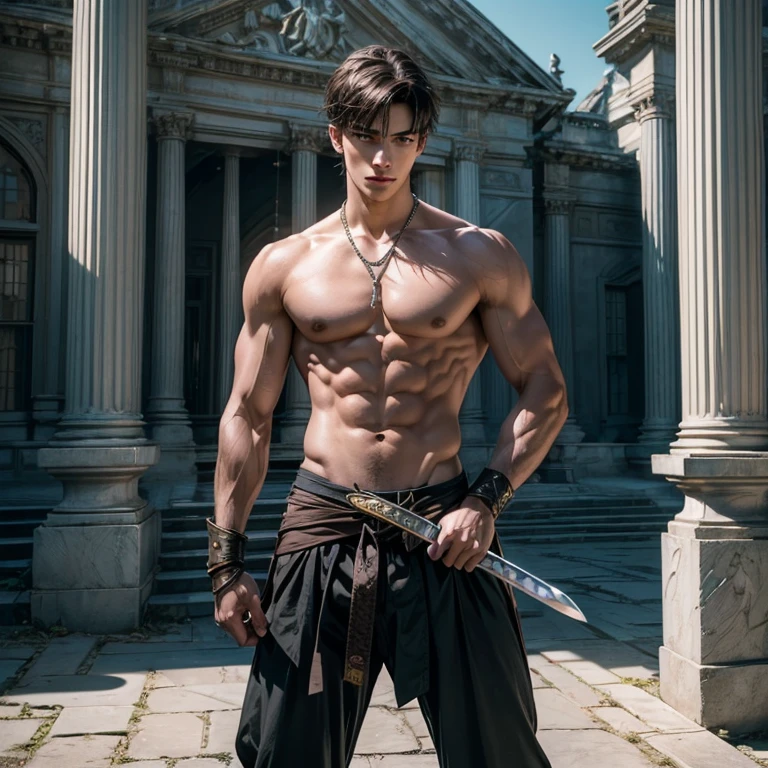 ((young man)), ((ultra realisitic)), ((picture-perfect)), ((face perfect)), ((ultra detaild)), ((fully body)), ((perfectbody))a student boy in , ((Secret identity)), ((swordsmanship)), holding a sword behind his back in a fighting pose, Stately, ferocious, Sauvage, handsome guy, using accessories, em um patio