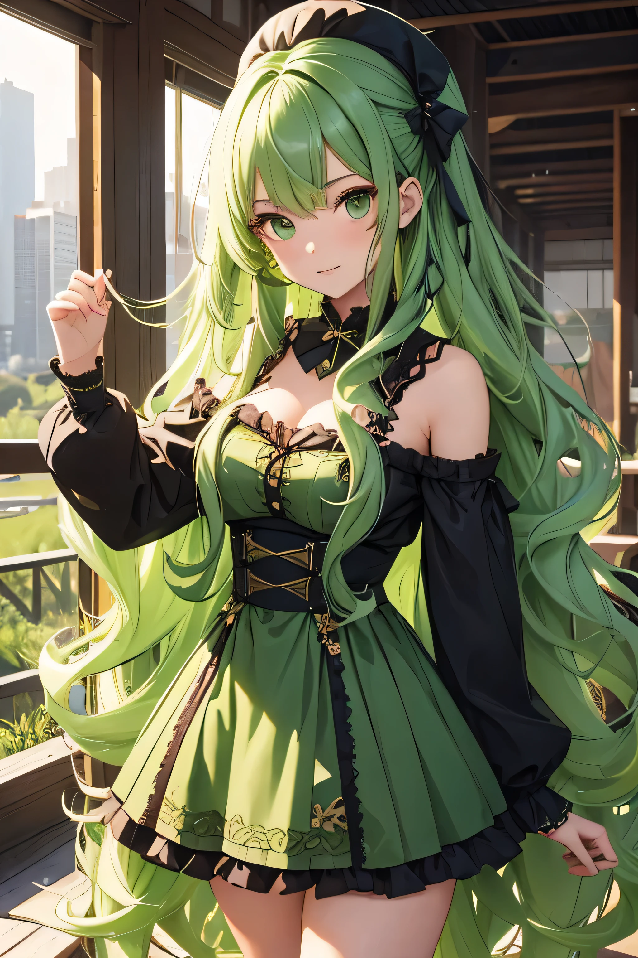 girl, 18 years old, long green hair, curly hair, green eyes, idol outfit