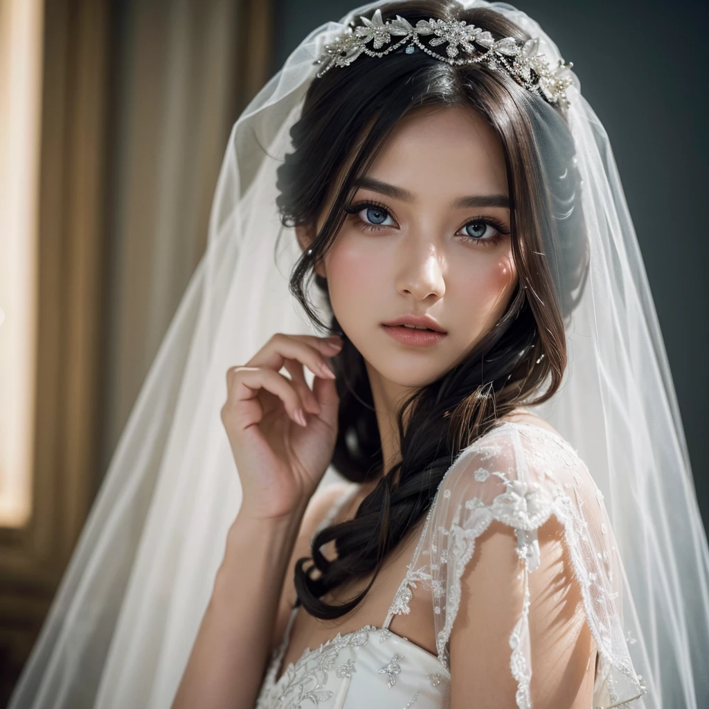 1 girl in a wedding dress, veil covering her hair, wedding photography, pre-wedding, unique concept, detailed face, beautiful eyes, detailed lips, long eyelashes, elegant hairstyle, cinematic lighting, dramatic composition, moody color palette, romantic atmosphere, (best quality,4k,8k,highres,masterpiece:1.2),ultra-detailed,(realistic,photorealistic,photo-realistic:1.37),professional,vivid colors