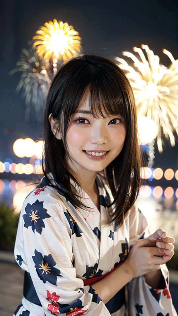 Japanese girl looking at the viewer, posing with a smile (highest quality, masterpiece))), (wear(Navy Yukata(fireworks pattern)、High resolution, very detailed, masterpiece, cinematic lighting, (8K, highest quality, masterpiece: 1.2), (realistic, photorealistic: 1.37) high resolution, Super detailed, 1 girl, woman wearing glasses, thin frame round glasses, light colored glasses frames, ASİAN, cute, cute face, alone, short hair 1.2, rough skin, beautiful smile, beautiful detailed sky, Details cafe, night, movie lighting, Depth of the bounds written, lens flare light, On a date, (blush), (smile: 1 ),(closed your mouth), Beautiful eyes in every detail, (long hair: 1.2 floating hair nova frog style,Spectacular fireworks bursting into the night sky