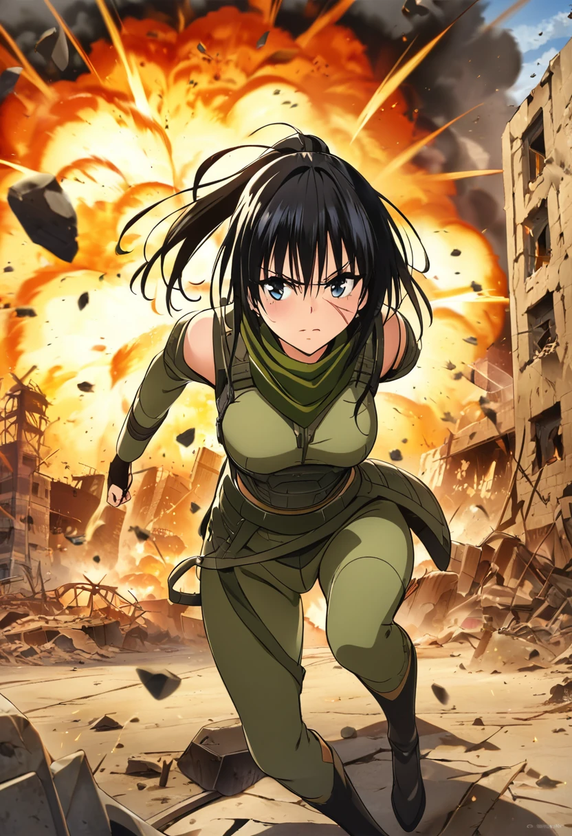 masterpiece, highest quality, Detailed face, Beautiful and detailed eyes, Beautiful Face, Perfect body, Official Art, grand plix award illustration, official art,Professional Lighting,A fierce battle scene in a Middle Eastern urban warfare setting. A young woman with long black hair in a ponytail, wearing military gear, crouches behind the ruins of a building. She has a visible scar on her face and is cautiously observing the chaotic surroundings. In the background, break,a massive explosion erupts, with bright flashes, flying debris, and intense energy, creating a sense of danger and excitement.