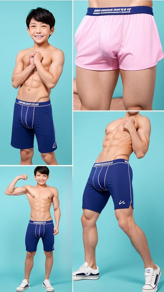 Japanese men、13 years old、Short but well-trained muscles and smooth skin、Sporty short hair、A friendly, healthy smile、The active pose and extremely bulging muscles give the impression of a childish figure.、Colorful boxer shorts made of thin material with a small surface area、Young but well-developed muscles、Clothing is limited to pants only