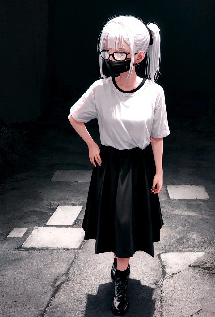 1girl, looking away, glowing eyes, green eyes, hand on own cheek, black t-shirt, black skirt, black socks, white and black shoes, dark and blue background, small hair, white hair, medium , full body, head phone, sharp fingernails, read fingernails, scary, mouth mask, wearing glasses, dark mirror, white full mon, blood on the ground, scary, blood,