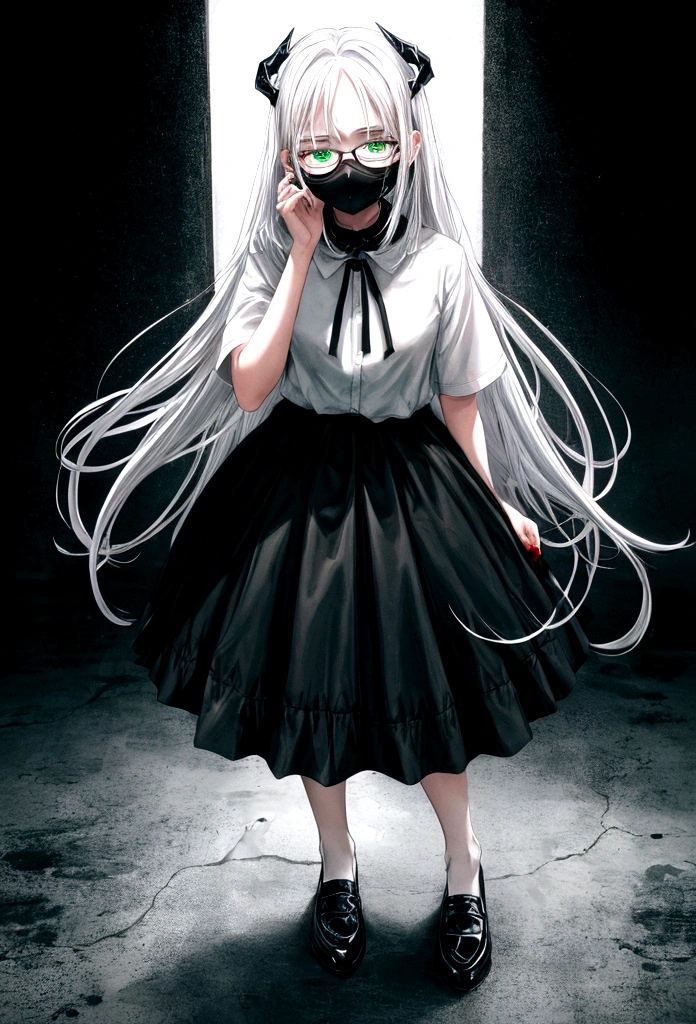 1girl, looking away, glowing eyes, green eyes, hand on own cheek, black t-shirt, black skirt, black socks, white and black shoes, dark and blue background, small hair, white hair, medium , full body, head phone, sharp fingernails, read fingernails, scary, mouth mask, wearing glasses, dark mirror, white full mon, blood on the ground, scary, blood, 