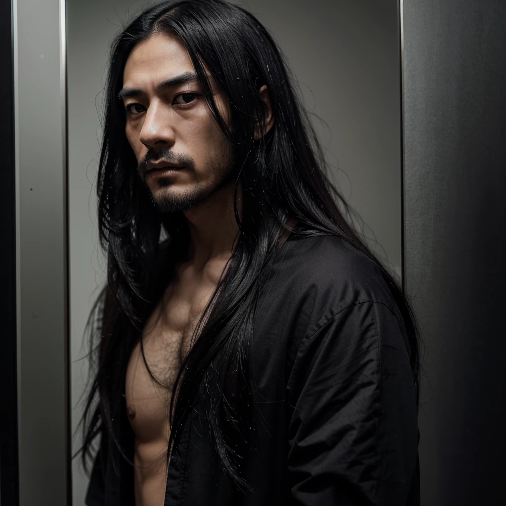 A japanese man, very long black hair, beautiful detailed eyes, detailed small nose, detailed lips, black medium beard, longeyelashes, serious expression, detailed facial feature, hyper realistic, dark moody atmosphere, muted color palette, dramatic shadows, with black clothes, 8k high definition doing a selfie on a mirror