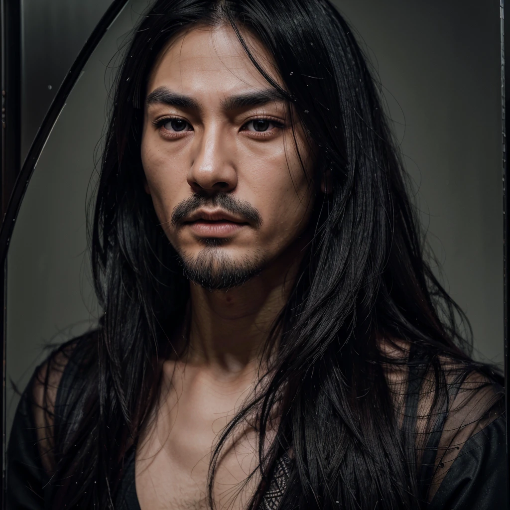 A japanese man, very long black hair, beautiful detailed eyes, detailed small nose, detailed lips, black medium beard, longeyelashes, serious expression, detailed facial feature, hyper realistic, dark moody atmosphere, muted color palette, dramatic shadows, with black clothes, 8k high definition doing a selfie on a mirror