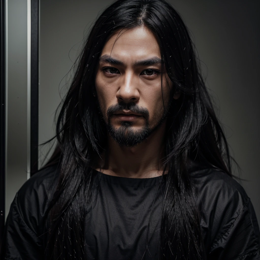 A japanese man, very long black hair, beautiful detailed eyes, detailed small nose, detailed lips, black medium beard, longeyelashes, serious expression, detailed facial feature, hyper realistic, dark moody atmosphere, muted color palette, dramatic shadows, with black clothes, 8k high definition doing a selfie on a mirror