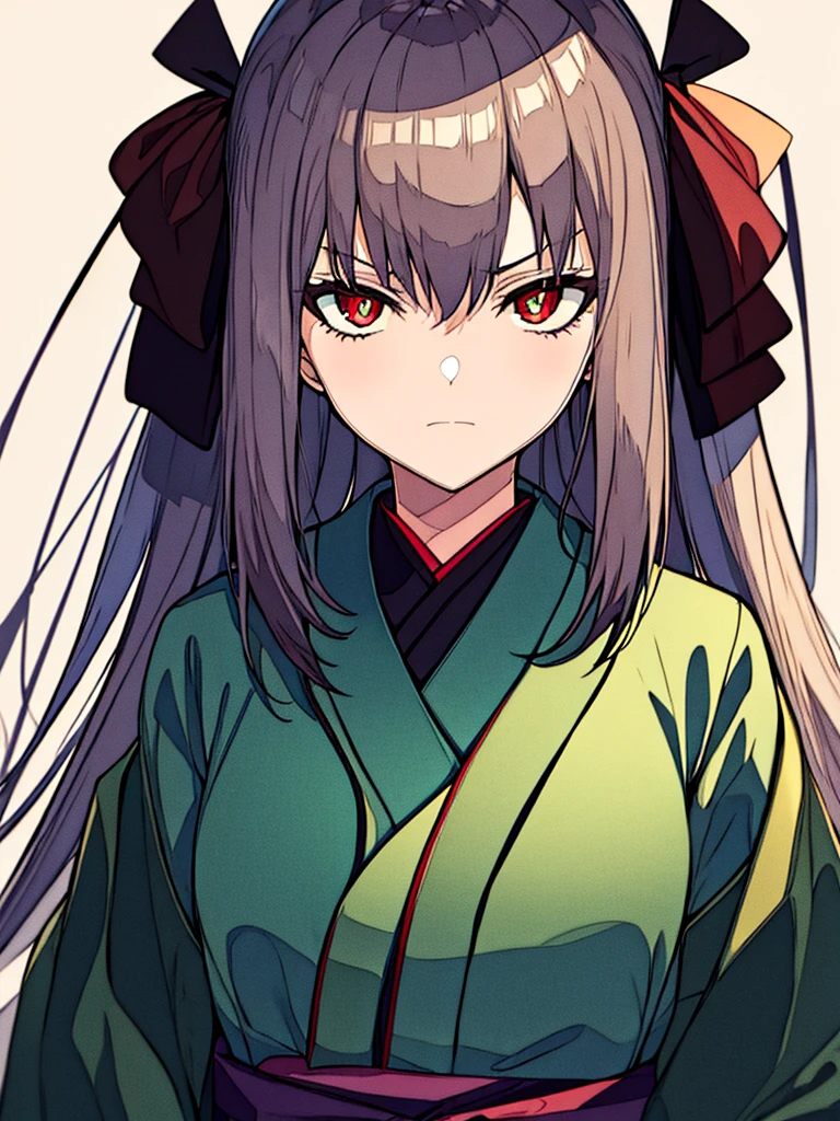masterpiece, best quality，1 Girl，poker face，Black kimono，serious，coat，Gray hair，Red pupil，No Expression，独奏