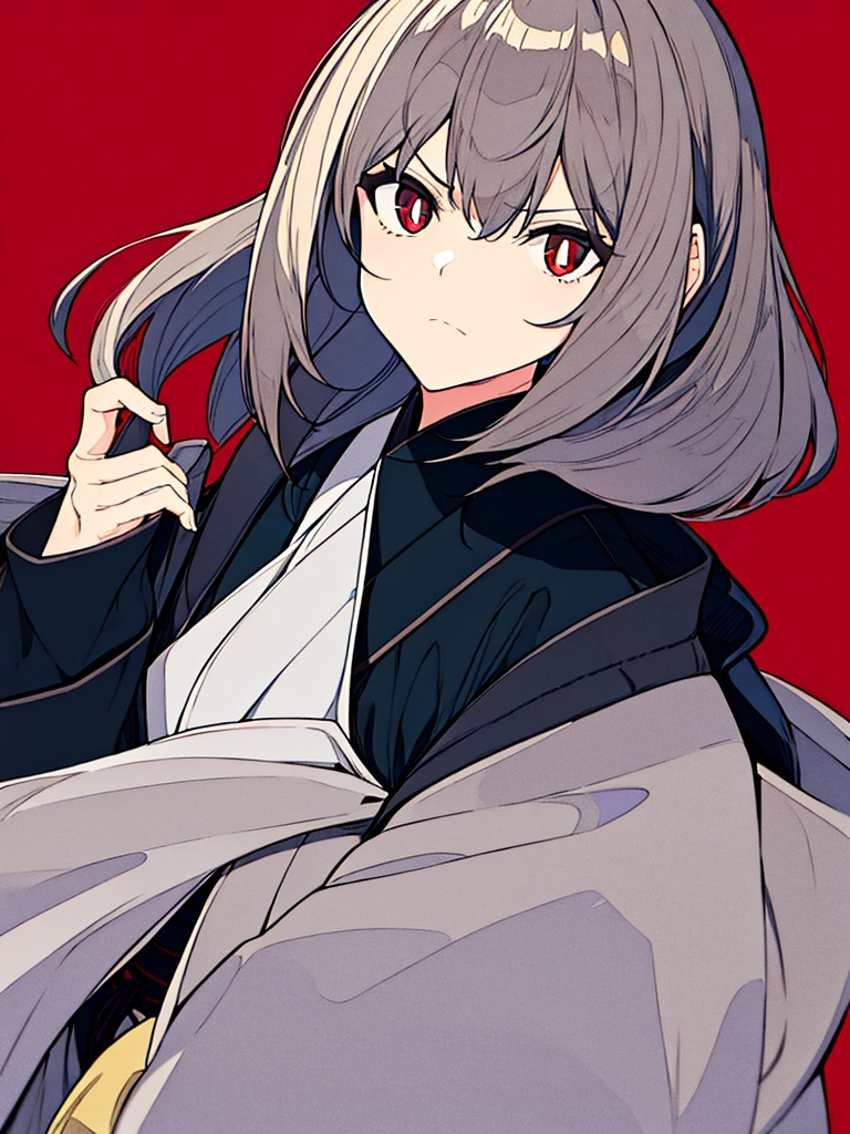 masterpiece, best quality,1 Girl,poker face,Black kimono,serious,coat,Gray hair,Red pupil,No Expression,独奏