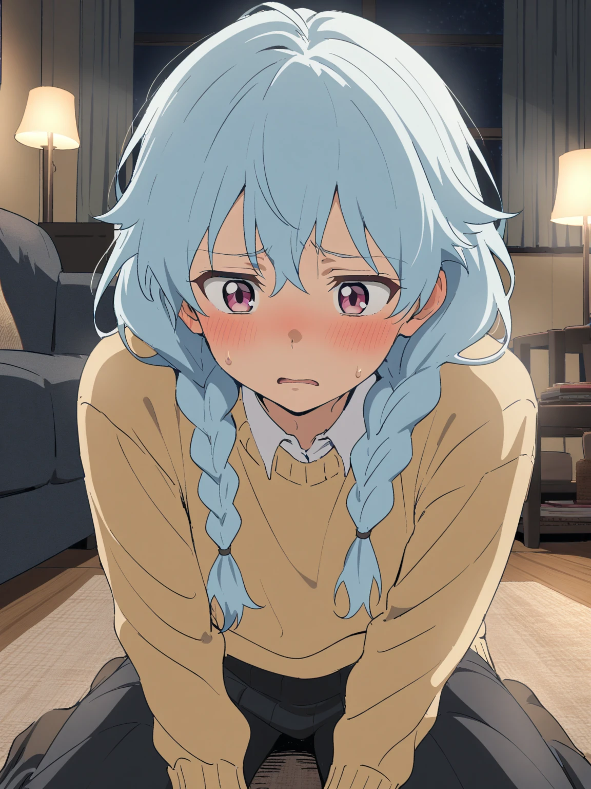 {{upper body}} {{Artist: sincos}} 1boy, mature male, light blue hair, long hair, braided hair, pink eyes, half-lidded, worried expression, androgynous, sweater, skirt, indoors, living room, night, sitting, pov