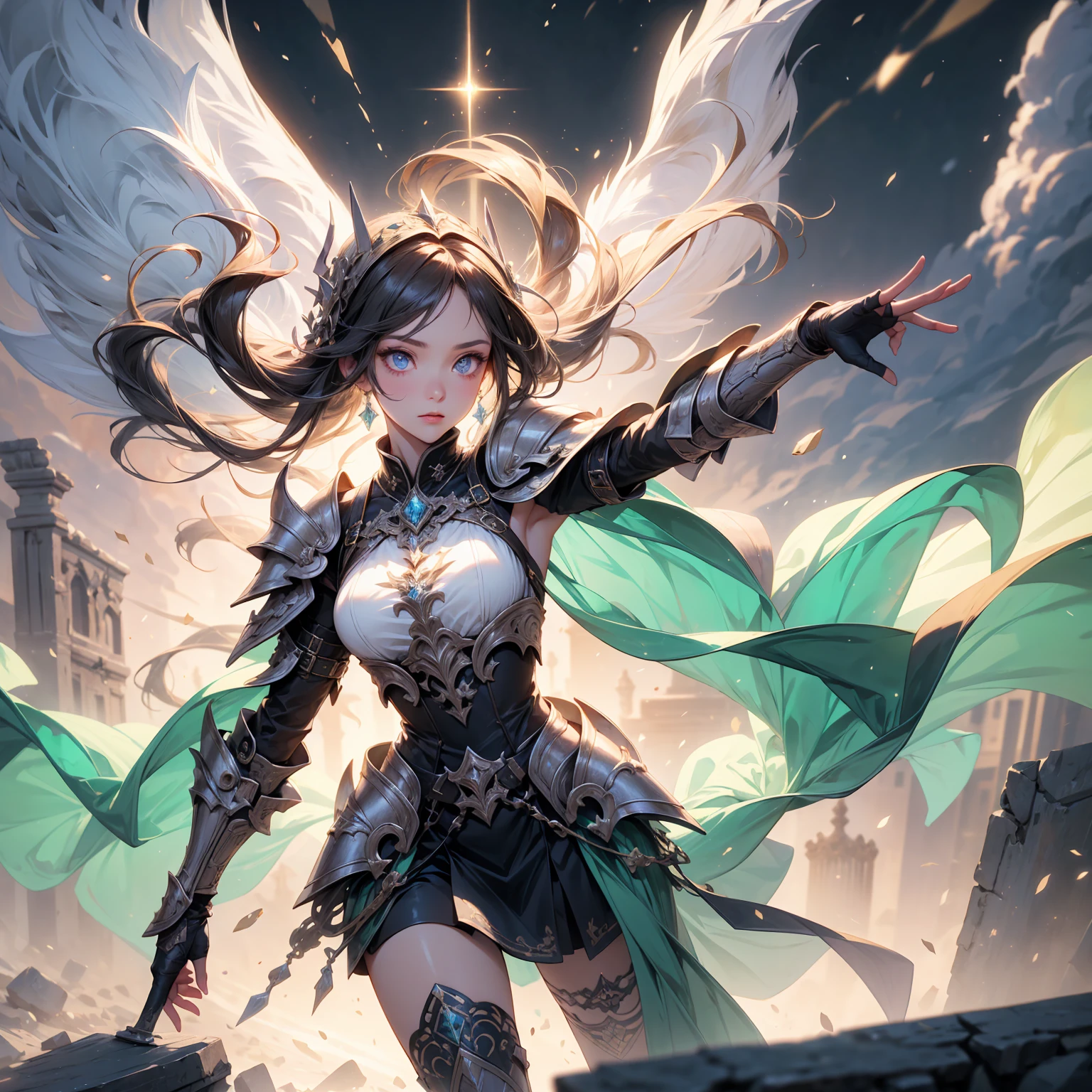 Full body shot of a fearless paladin with unparalleled beauty, featuring long, dark hair and striking blue eyes. She wears intricately designed draconic armor that glimmers with a mystical aura. Her armor is adorned with dragon scales and ornate patterns, giving it both an imposing and elegant appearance. In her hand, she wields a magnificent sword, the blade shimmering with a divine light, etched with runes of power. She stands in a majestic, celestial landscape, with radiant light filtering through the clouds, casting a holy glow upon her. The ground beneath her is a mix of ancient stones and sacred symbols, glowing softly as if infused with holy energy. Surrounding her are ethereal figures in shades of gold and white, their presence adding to the divine ambiance. The background features towering, ancient ruins and magnificent, skyward-reaching structures, hinting at a grand, heavenly stronghold. The scene is inspiring and powerful, with her face showing a serene yet determined expression, her eyes locked onto her noble mission.

[Best quality], [Masterpiece], [Ultra-detailed], [4k], {inspiring|majestic} atmosphere, celestial landscape, {dynamic pose|noble stance}, radiant illumination, {soft shadows|divine lighting}, {glowing ancient stones:0.7}, {ethereal figures:0.6}, {heavenly architecture:0.5}, {towering ruins:0.4}, {skyward-reaching structures:0.3}.
