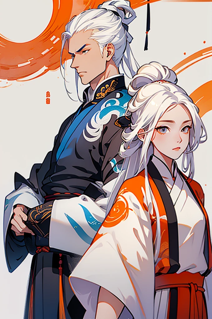 high quality , one white hair girl and one white hair boy, long hair, wuxia character, ((white clothes with blue and orange accent)), ink painting background, flat background, minimalist background, chinese wind pattern background,