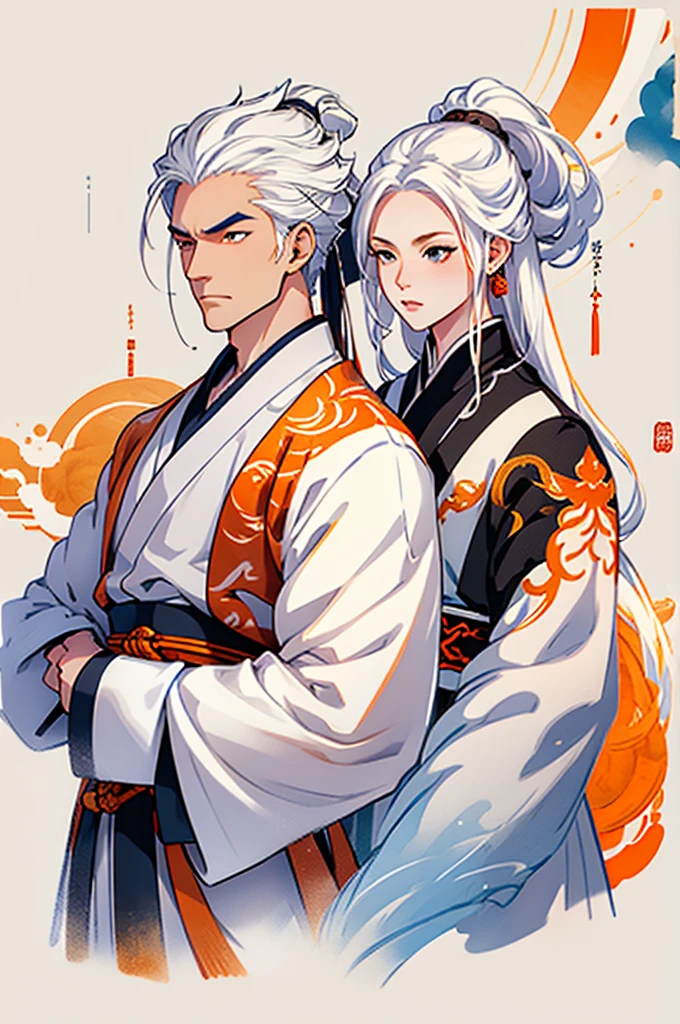 high quality , one white hair girl and one white hair boy, long hair, wuxia character, ((white clothes with blue and orange accent)), ink painting background, flat background, minimalist background, chinese wind pattern background,