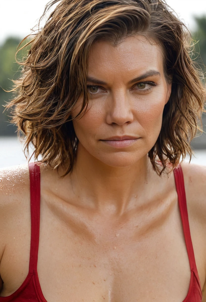 high quality random extremely erotic  paparazzi  photo  of  Lauren Cohan  , 50 yo mature woman , she is wearing sweaty red color mini tanktop , standing , golden skin , tight breast, erect nipples, damaged clothes , vegetationary village background  , female,  woman, random angle, erotic angles, random move, random action ,huge chest, deep cleavage , blond long hair, wet hair , wet sweaty face,seductive, eyebrows raised, tired woman, slight smile , strong fleshy arms ,  depth of field, insanely detailed skin texture, hyper detailed features,ultra photorealistic   