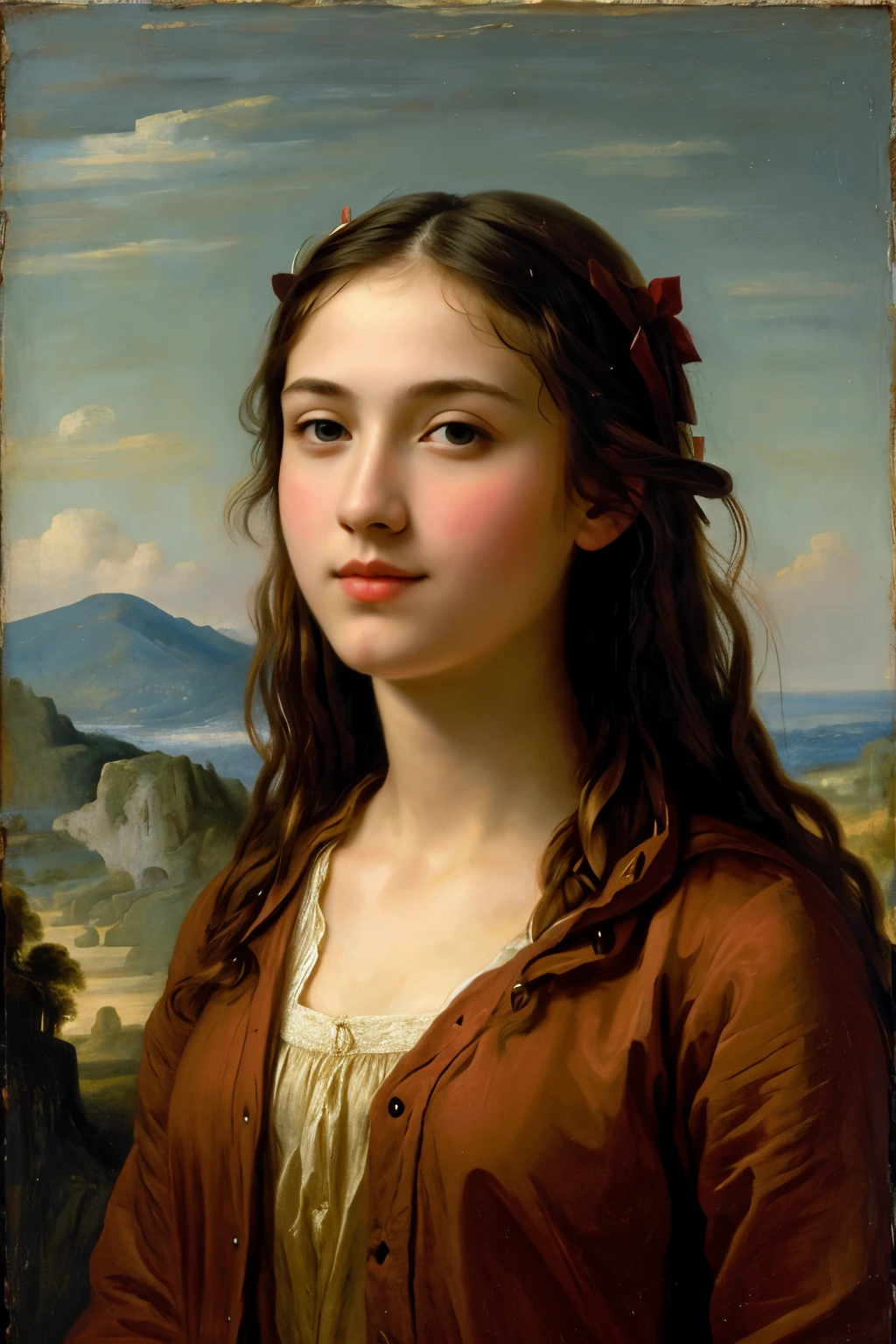 A mother with a looking at him with sublime and tender love, beautiful with diadem, realist, Bouguereau classical painting style
