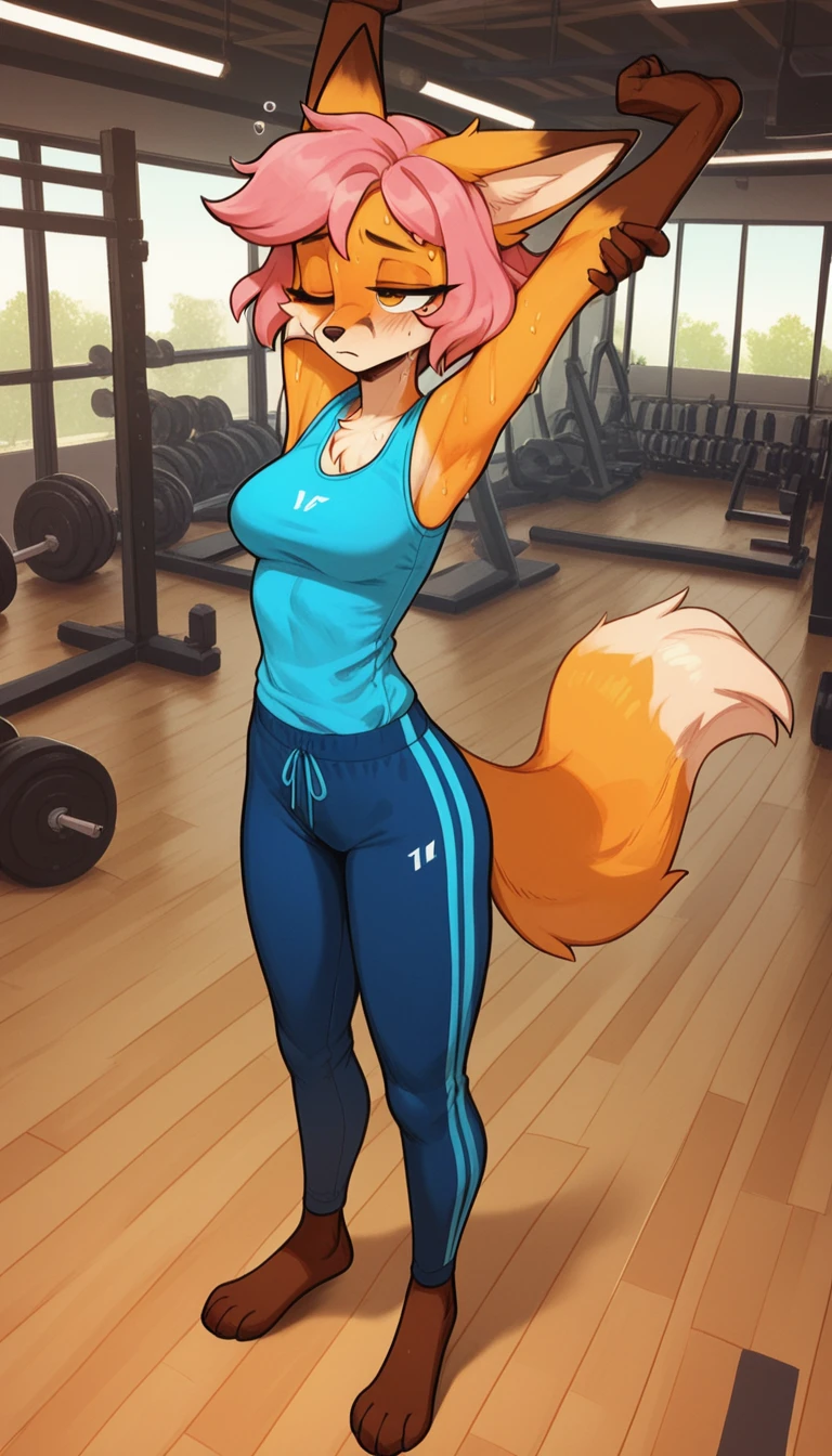 Half-closed eyes, tired expression, 1girl, anthro, furry, fur, fluffy fur, fox girl, thight sport pants, blue pants, gym background, pink hair, yellow eyes, blue sleeveless shirt, sport shirt, short hair, full body, (19 years), medium breast, solo, (gym), one closed eye, sweating, vapor, heat, detailed, (tired), thighs, stretching, standing, score_9, score_8_up, score_7_up, score_6_up, score_5_up, score_4_up