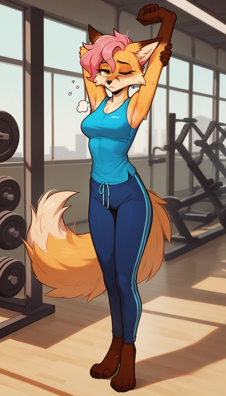 Half-closed eyes, tired expression, 1girl, anthro, furry, fur, fluffy fur, fox girl, thight sport pants, blue pants, gym background, pink hair, yellow eyes, blue sleeveless shirt, sport shirt, short hair, full body, (19 years), medium breast, solo, (gym), one closed eye, sweating, vapor, heat, detailed, (tired), thighs, stretching, standing, score_9, score_8_up, score_7_up, score_6_up, score_5_up, score_4_up