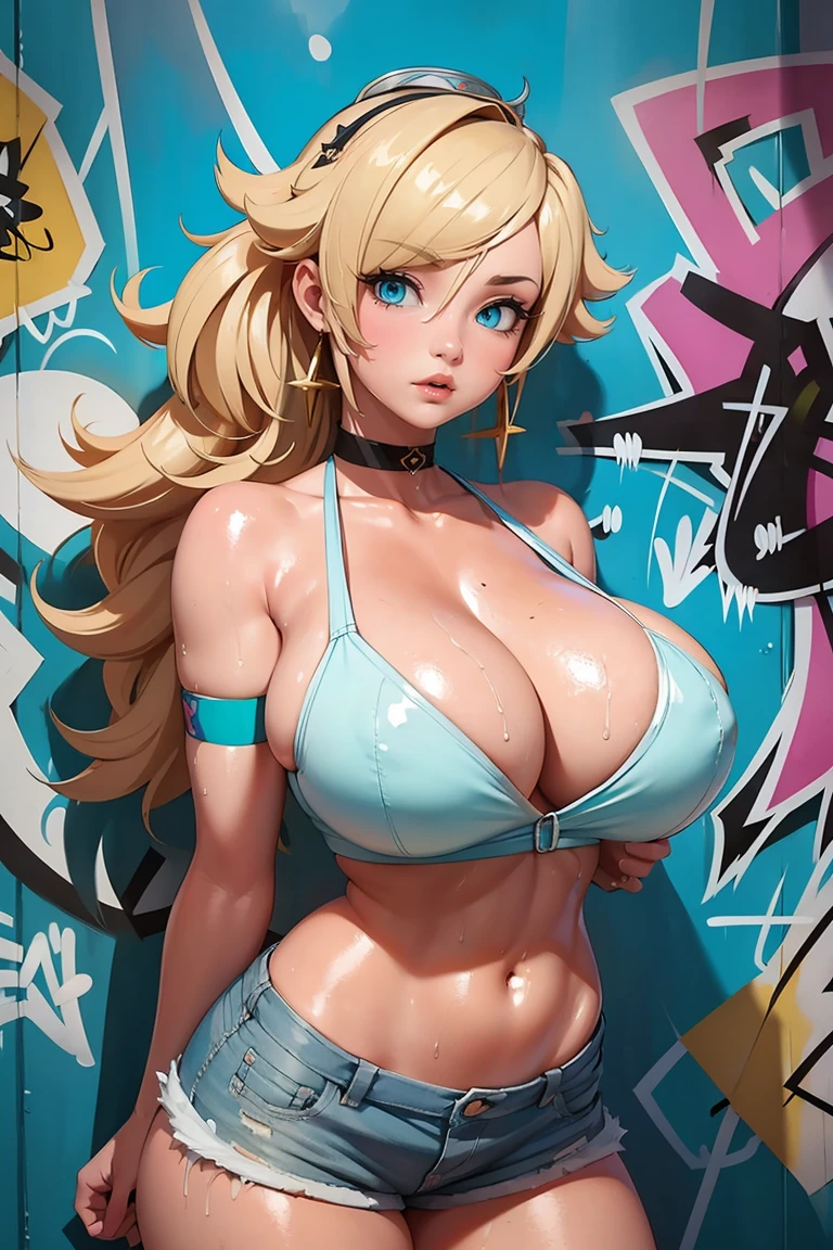 masterpiece, best quality, 1girl, solo, crop top, ((colossal cleavage:1.3)), denim shorts, choker, (graffiti:1.5), paint splatter, arms behind back, against wall, looking at viewer, armband, thigh strap, paint on body, tattoed body, head tilt, shy, multicolored hair, aqua eyes, headset, peepshow, nipslip, she is looking down shy, cheeks flushed with shame.