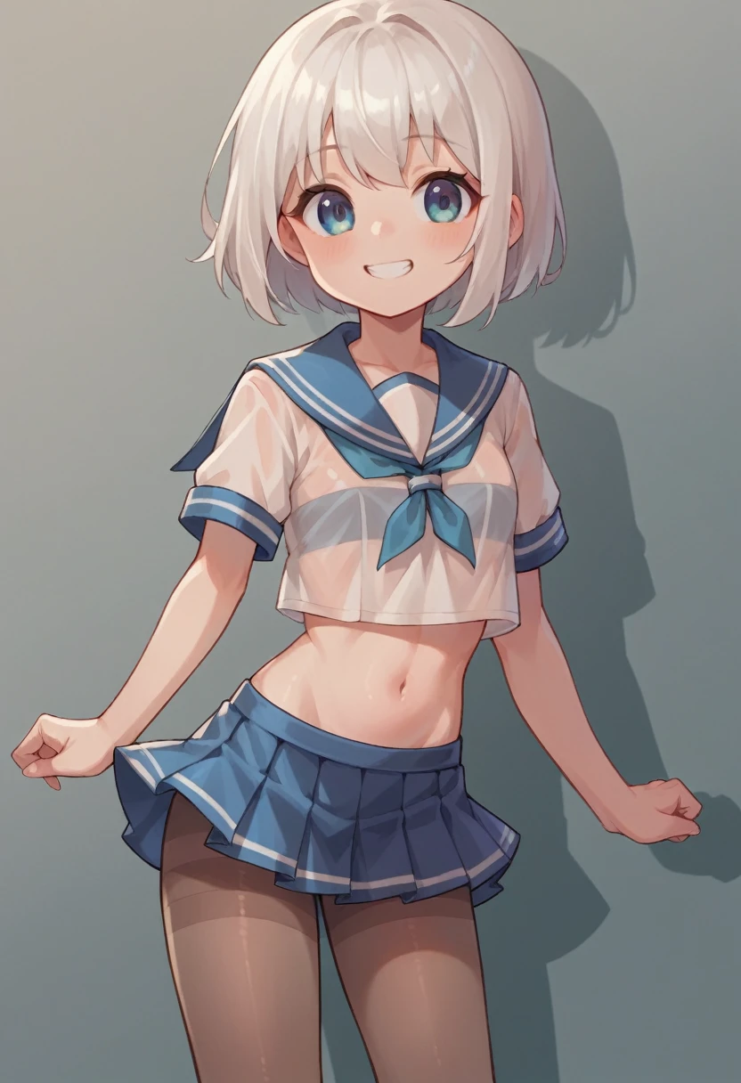 pantyhose,loli,sailor,microskirt,cute,wariza,white hair,smile,crop top,see through