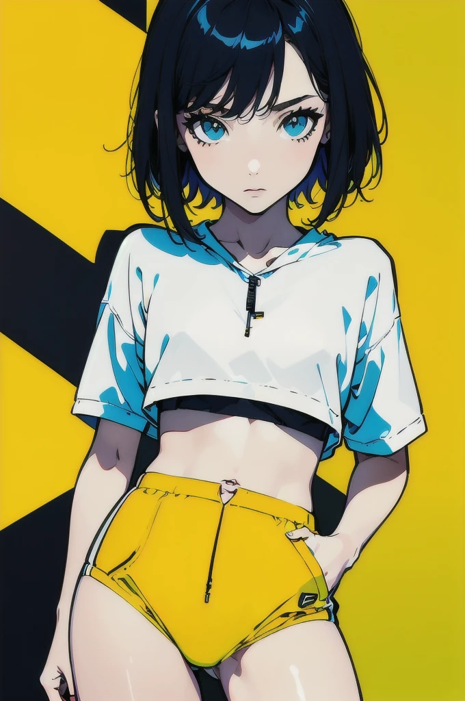 (masterpiece, High resolution, Highest quality), Structure from head to thighs:1.3, Focus on the upper body, 20-year-old woman, A blank look, short hair, Avant-garde makeup, abstract design, artistic juxtapositions, High Contrast, mixed-media approach, Anime Style, Simple lines, Digital Painting,