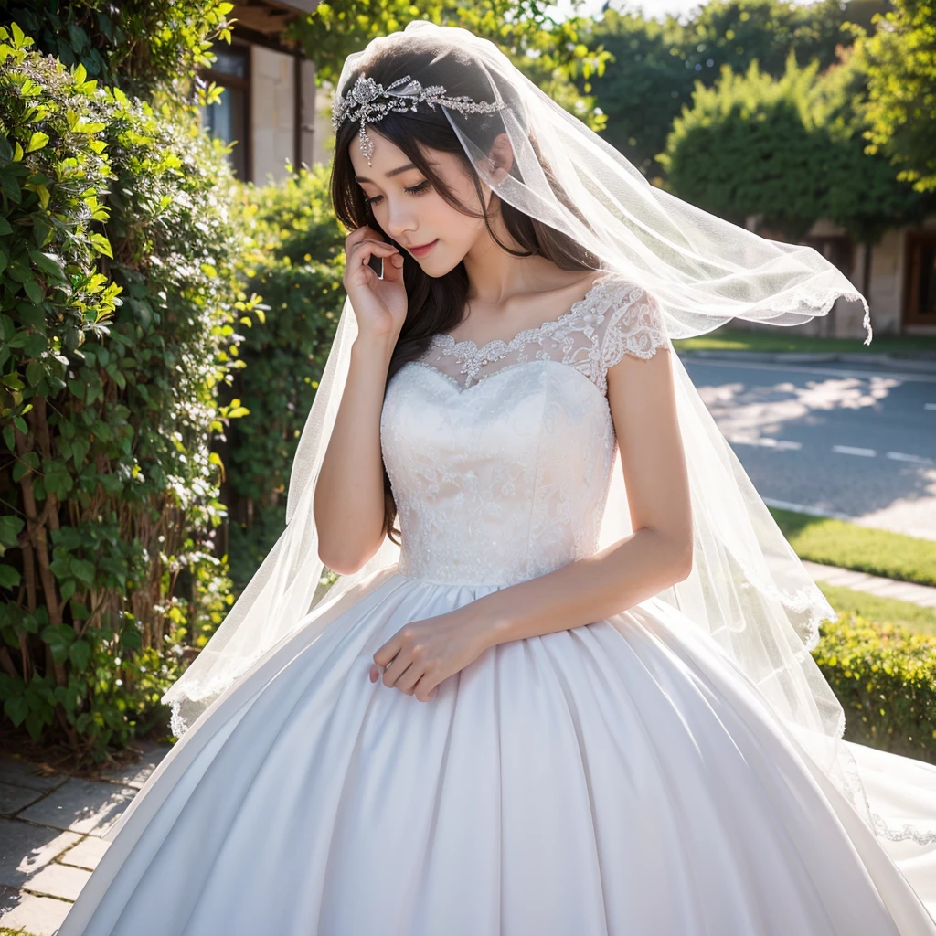 1 girl, wearing a wedding dress, veil covering her hair, wedding photography, pre wedding, unique concept