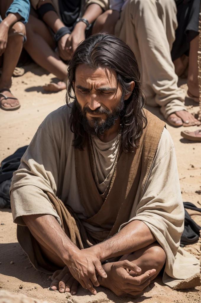 "Blind Bartimaeus sitting by the dusty roadside in Jericho, his hands outstretched and his face lifted towards Jesus who stands nearby, surrounded by His disciples and a large crowd, exuding compassion and grace."