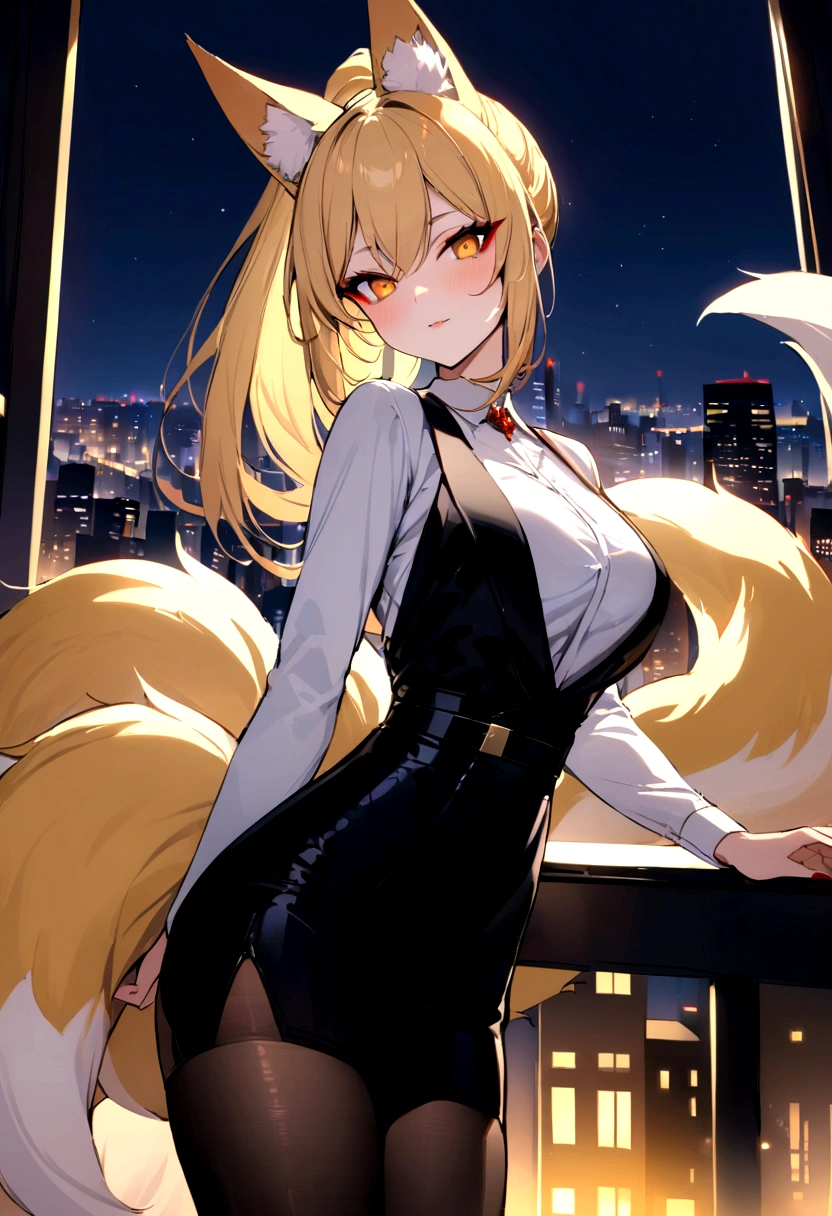 masterpiece, best quality) detailed, Wearing black tights, blonde ,long hair, ponytail, elegant, (fox ears),nine tailed fox tail, red eyeshadow, golden eyes, femur,漏出femur,white shirt, black pencil skirt, city background,girl,NIGHT