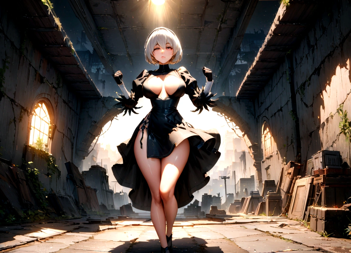 ((best qualityer)), ((work of art)), (very detailled:1.3), 2B in the ruins of a city in the forgotten war, Ancient Technology, Nier-Automata, standing, fully body, battle pose, photographic essay, elsword, body, ideal body, Outfit 2b black dress, facefocus, Looking at the sky, hdr (high-range dynamics), ray tracing, nvidia RTX, super resolution, Irreal 5, underground dispersal, PBR Texture, Post-processing, Anisotropic filtering, Depth of field, Maximum sharpness and sharpness, multi-layered texture, albedo and highlight maps, Surface shading, Accurate simulation of interween light materials, perfect proportions, octane rendering, duotone lighting, Low ISO, White balance, rule of thirds, large aperture, 8K CRU, efficient sub-pixels, subpixel convolution, Luminescent particles, light scattering, Tyndeffect