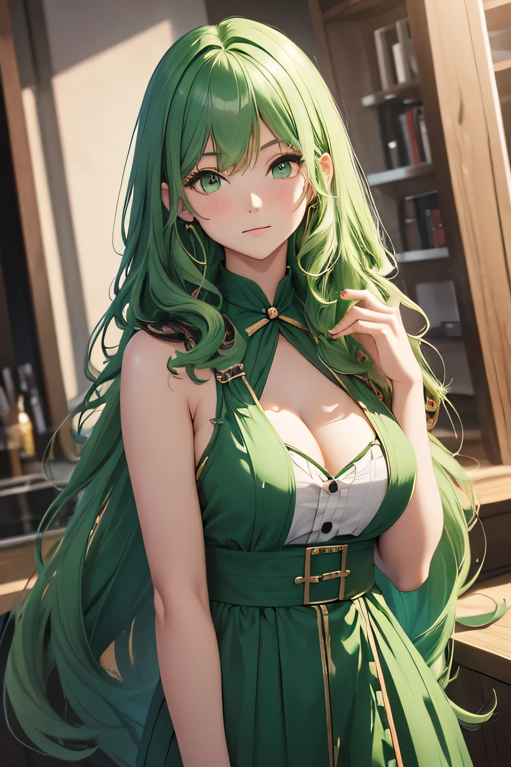 girl, 18 years old, long green hair, curly hair, green eyes, idol outfit