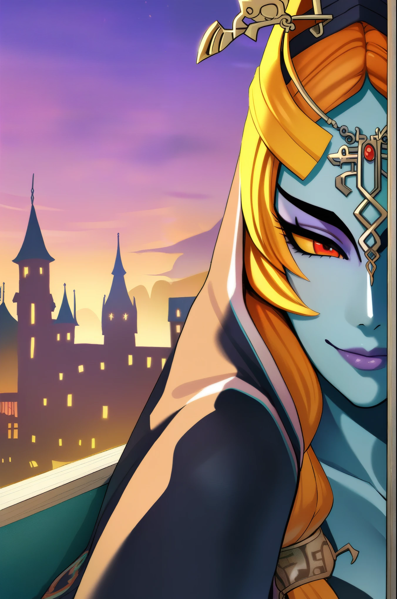 (close-up), midnatrue, colored sclera, multicolored skin, two-tone skin, front ponytail, cloak, hood, half-skirt, hair ornament, forehead jewel, smile, (sitting in on ornate windowsill:1.2), ((twilight medieval city behind windows)), intricate design, bright colors, masterpiece in maximum 16K resolution, best quality, ultra detailed, aesthetics, absurdes.
