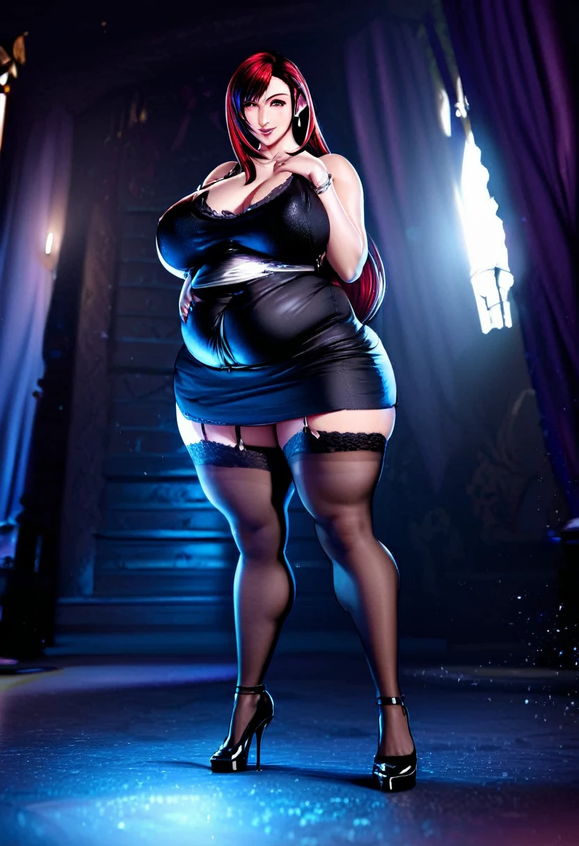 Tifa Lockhart from Final Fantasy VII, girl fat, obese body, big belly, sexy, stockings, red hair, short night dress, night club, night, dark dress, black dress, black stockings, black and black shoes, (Masterpiece:1.2), best quality, high resolution, beautifully detailed, extremely detailed, perfect lighting,