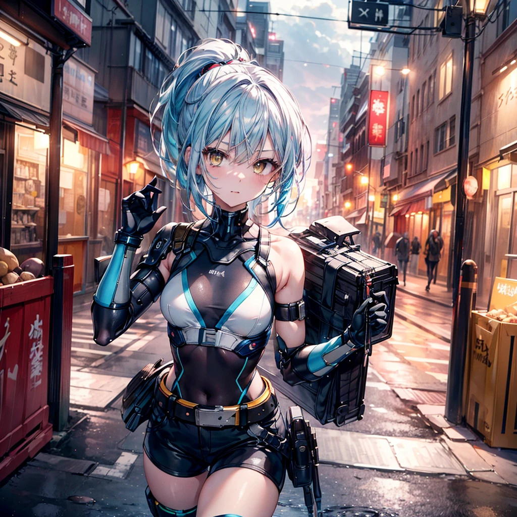 ((Highest quality,masterpiece,detailed,4K)), A girl anime character with half of her body being a cyborg. She has blue hair and yellow eyes. She is wearing a sports bra and shorts. Her profession is a mechanic. Draw her in a dynamic pose with a wrench in her hand. 1girl, 独奏, small breasts, arm up, black gloves, belt, ponytail, long hair, gray sky, rain, blurry background, looking at viewer