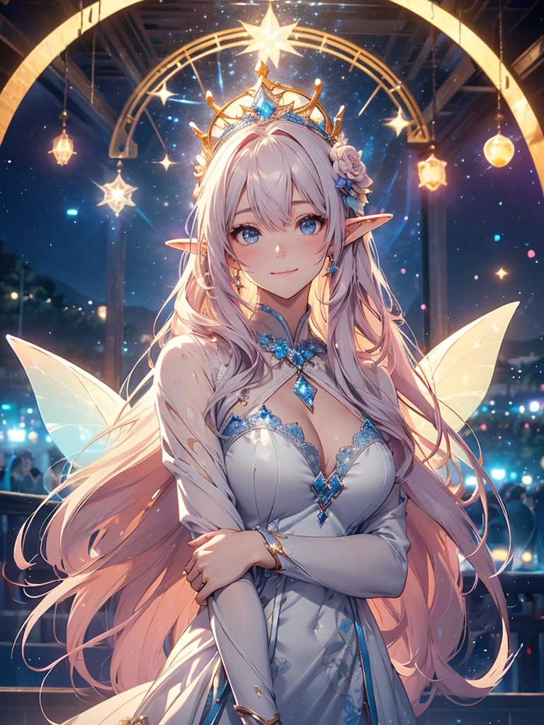 最high quality、1 woman elf on screen 、Beautifully decorated bra、Beautiful foam、、CourtyardShining fairy wings、Flower fractal art　　Beautiful Nature((beautiful night))Lots of constellations　　((starry night))　、Bigger on the screen((cowboy shot 　))　　　　、((seethroughbodystocking, dress)),Beautiful radiance,High-definition depiction, Realistic, 8K, Unity, beautiful Shot, light smile, Beautifully and vividly drawn, , Beautiful, beautiful, clear skin、sexly,beautiful underwear,Countless rays of light pouring down, Swirling Light, Raise one arm above your head, Intense light is emitted from the magic circle in front of the girl.   flower、Particles of light、nature at night、Magic Fairy tale、
Romanticism,Cowboy Shot: The most beautiful form of chaos, Mr..々colour, Intertwined flowers, Particle,magical gentle light,smile,,image quality、masterpiece、Beautiful Face、Super beautiful elf woman((Big breasted 22 year old office lady、Bust 100,Beautiful long ironed hair 、bionde hair,height: 165cm。、ANDsbian、、high quality、、Visual art、Written boundary depth、universe、Happy smile、、elegant、ticker beautiful decorative、、beautiful tiara、Beautiful Beautiful Landscape、mountain、beautiful city, A kind smile、wonderful、Fluttering petals、Dance happily、、Cultivate fantasy、、Mystery light　Lots of flowers、art,mystery,Ultra-high resolution,atmosphere A colorful and dreamy anime-style illustration of a young girl with beautiful hair,Beautiful Forest. surrounded by a kaleidoscope of colors and glowing lights. The background is filled with whimsical details and a magical atmosphere. --ar 3:4 --style raw --stylize 600 --niji 6、Throne Beautiful  