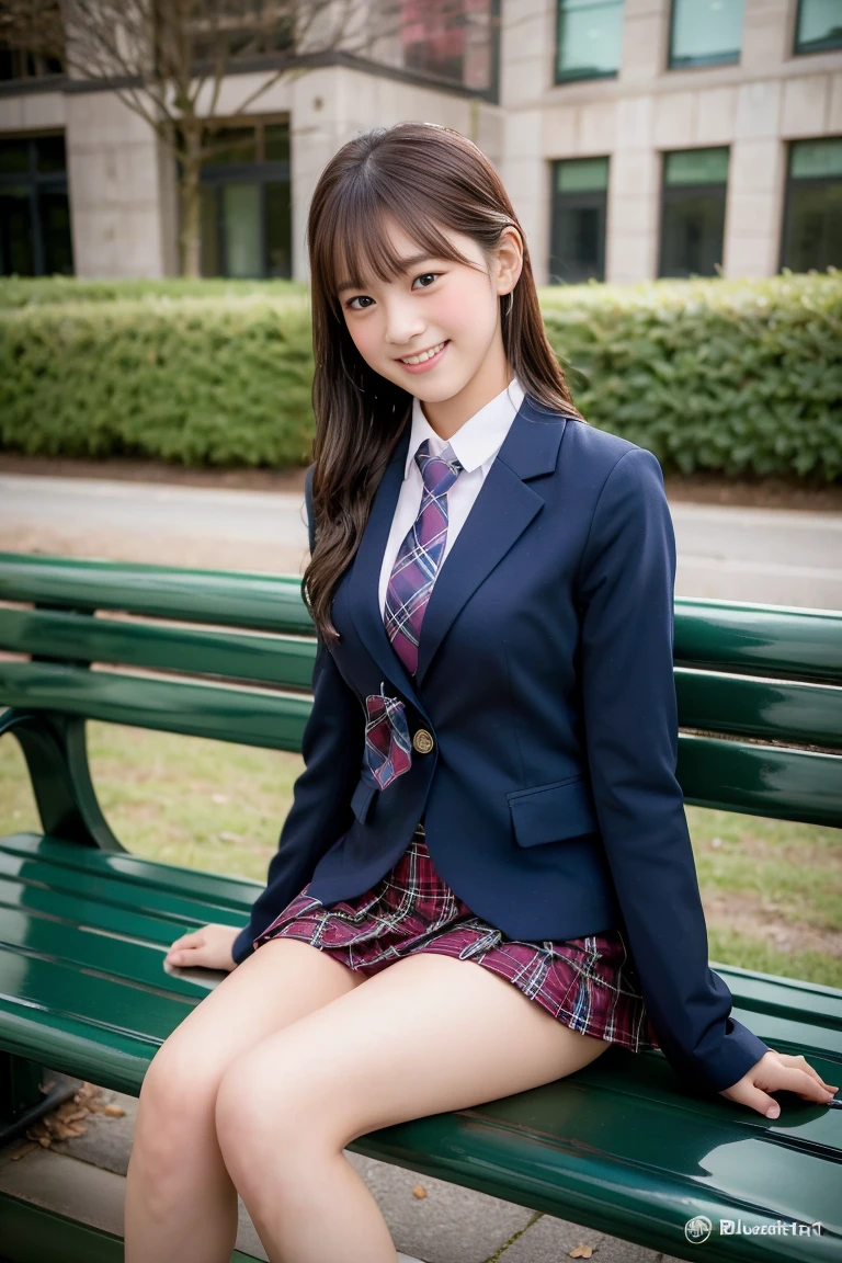 (8K), (highest quality: 1.2), (Realistic), (Realistic: 1.37), Ultra-high resolution, 1 girl, cute, (Embarrassed smile:1.2), (Blushing:1.5),Mouth closed, 赤いリップ,Beautiful details, Beautiful Nose, Wet Hair,bangs, giant dulcefo, pork, Thighs,Navel exposed,University Student Uniform,(A simple blazer),(Pleated skirt),(The skirt and tie are tartan check pattern.:1.3),(Platform boots:1.2), (sitting on a beautiful park bench:1.2),(reading a book),(Shiny Thighs:1.2), medium shot