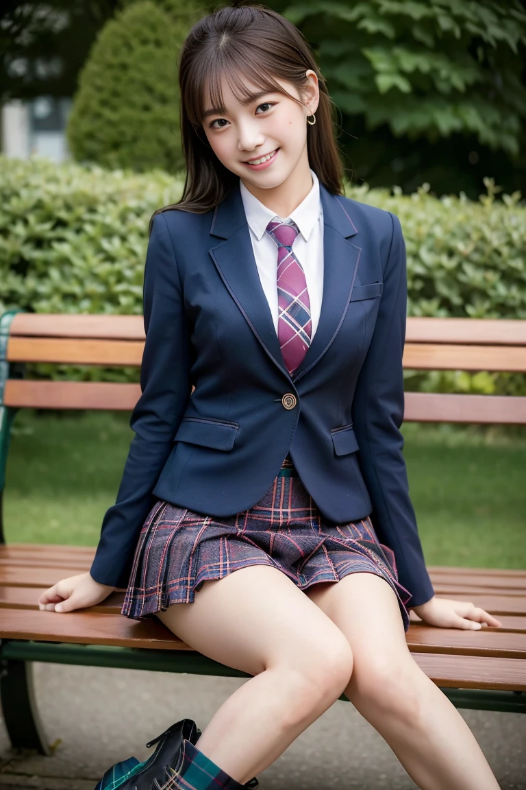 (8K), (highest quality: 1.2), (Realistic), (Realistic: 1.37), Ultra-high resolution, 1 girl, cute, (Embarrassed smile:1.2), (Blushing:1.5),Mouth closed, 赤いリップ,Beautiful details, Beautiful Nose, Wet Hair,bangs, giant dulcefo, pork, Thighs,Navel exposed,University Student Uniform,(A simple blazer),(Pleated skirt),(The skirt and tie are tartan check pattern.:1.3),(Platform boots:1.2), (sitting on a beautiful park bench:1.2),(reading a book),(Shiny Thighs:1.2), medium shot