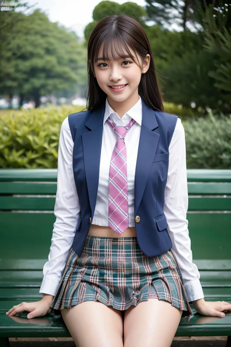 (8K), (highest quality: 1.2), (Realistic), (Realistic: 1.37), Ultra-high resolution, 1 girl, cute, (Embarrassed smile:1.2), (Blushing:1.4),Mouth closed, Beautiful details, Beautiful Nose, Wet Hair,bangs, giant dulcefo, pork, Thighs,Navel exposed,University Student Uniform,A simple blazer,Pleated skirt,(The skirt and tie are tartan check pattern.:1.3),Platform boots, (sitting on a park bench:1.2),(Shiny Thighs:1.2), medium shot
