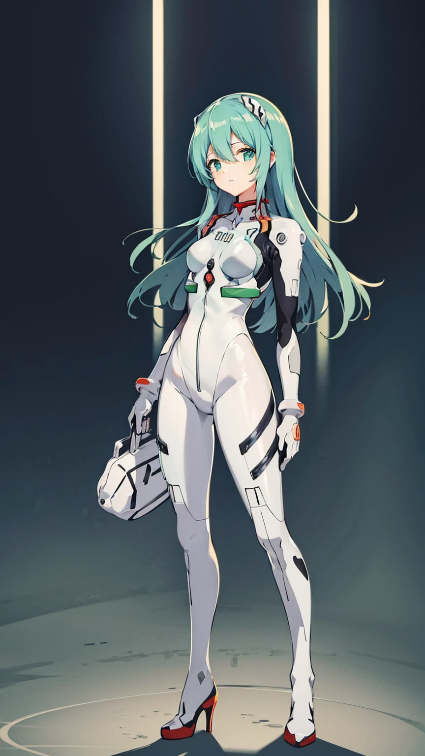 初音ミクはPlug Suitを着ている、Big Breasts、Latex bodysuit、Plug Suit((Neon Genesis EVANGELION))、Plug Suitの色は白と水色、High heels、The background is ruins、high resolution、2010s anime style、8K Illustration